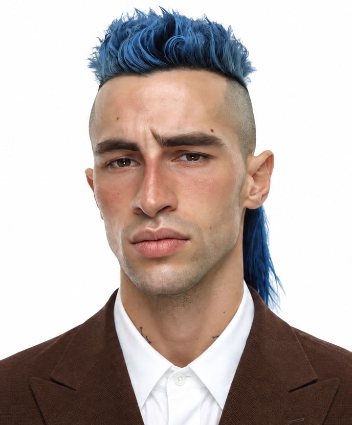 Ollie, blue mohawk-mullet and brown suit