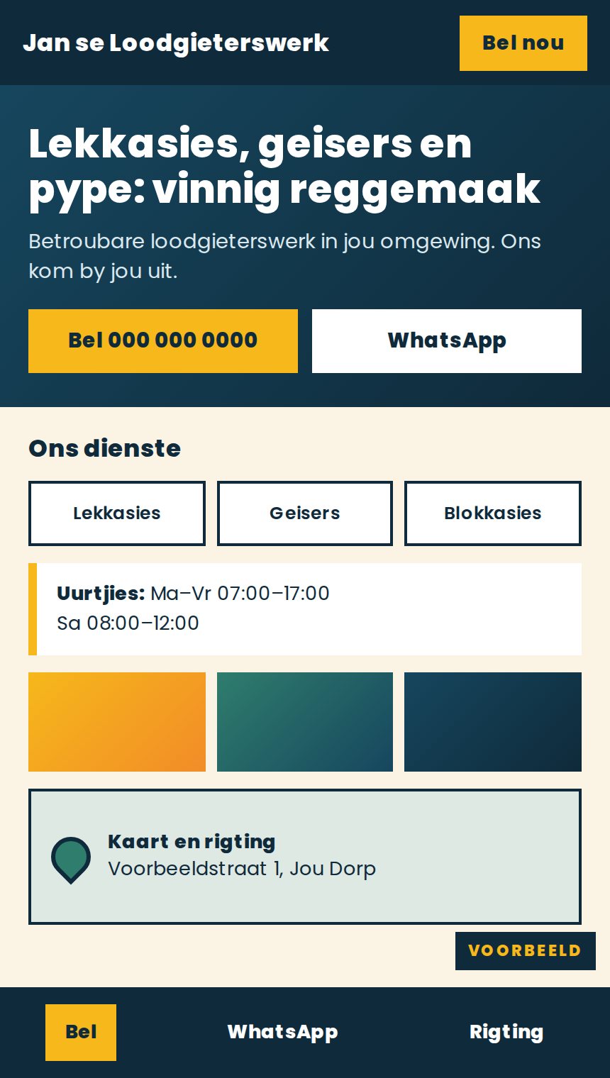Na / After: ’n netjiese webwerf met bel- en WhatsApp-knoppies, dienste en uurtjies / a neat site with call and WhatsApp buttons, services and hours